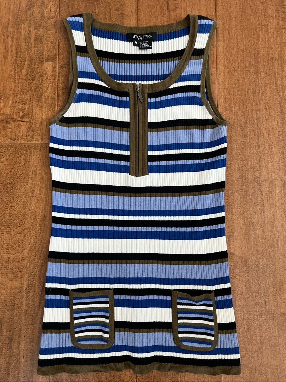 Etcetera Blue Striped Quarter-Zip Sweater Tank Top with Pockets - Size M (EUC)
